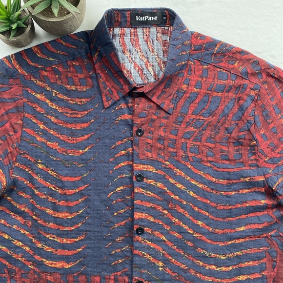 Vatpave Floral/Tropical Cotton/Viscose Short Sleeve Shirt (Red/Blue/Yellow) - Picture 5 of 15